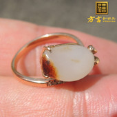 方言和田玉画面玉聚红皮羊脂玉籽料18K金镶玉真钻女精品时尚 戒指F