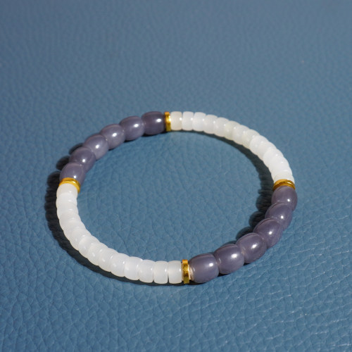 玉禧珠宝天然和田玉正宗青海料高冰烟紫卡7.5mm药师片白玉手链A1