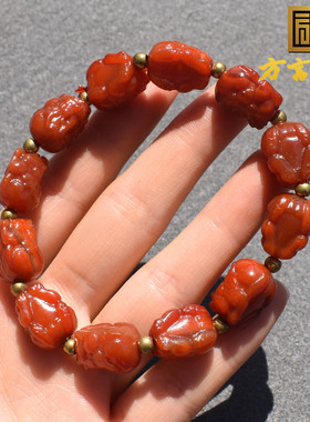 方言和田玉放巨漏南红玛瑙精美岁月印迹貔貅瑞兽手串手链V5
