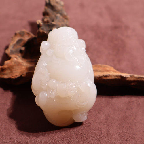 玉禧珠宝和田玉精品青海老坑料无结构藕粉双色财神把件温润百搭A9