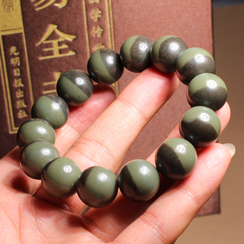 玉禧珠宝和田玉精品罕见聚宝盆双色半糖半青玉16mm圆珠玉手串W1