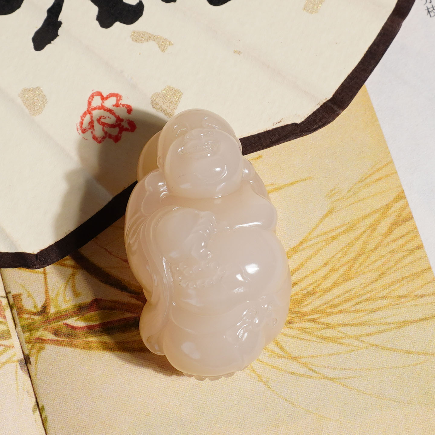 玉禧珠宝和田玉青海老坑料温润细腻油润藕粉色佛引福来吊坠挂件A9