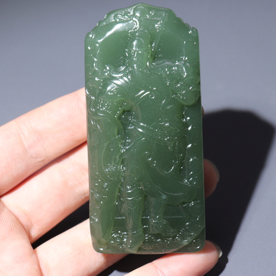 震惊方言和田玉佩戴级青海特色老坑料湖水绿关公大气豪华吊坠A8