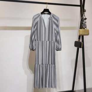 外贸新款2024女士优雅拼接7分袖V领性感连衣裙 轻柔亲肤