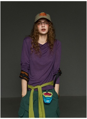 多巴胺紫色圆领长袖面膜T恤女早秋氛围感修身显瘦针织打底衫上衣