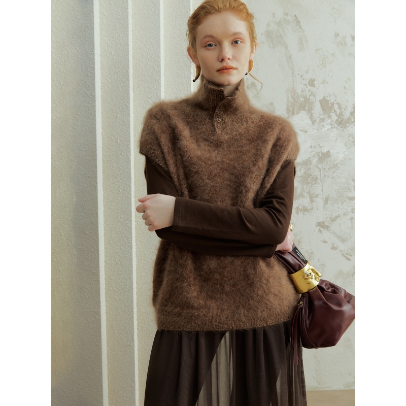 美拉德咖色毛茸茸套头毛针织马甲