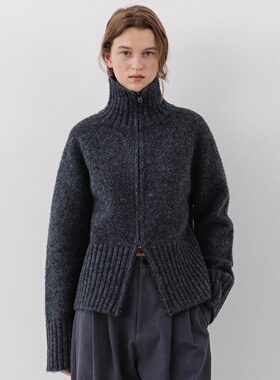 黑色拉链半高领毛衣针织开衫女秋冬加厚短款羊绒羊毛外套立领上衣