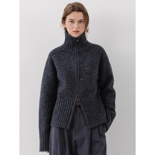 黑色拉链半高领毛衣针织开衫女秋冬加厚短款羊绒羊毛外套立领上衣
