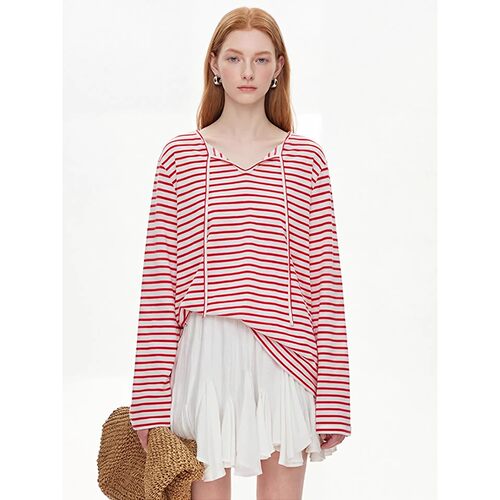 法式复古红白条纹系带半开领长袖T恤女夏设计感通勤宽松罩衫上衣
