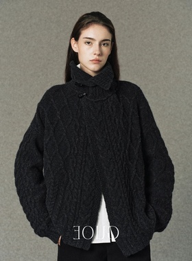 复古麻花翻领加厚毛衣外套女秋冬季宽松廓形慵懒风外穿毛针织开衫