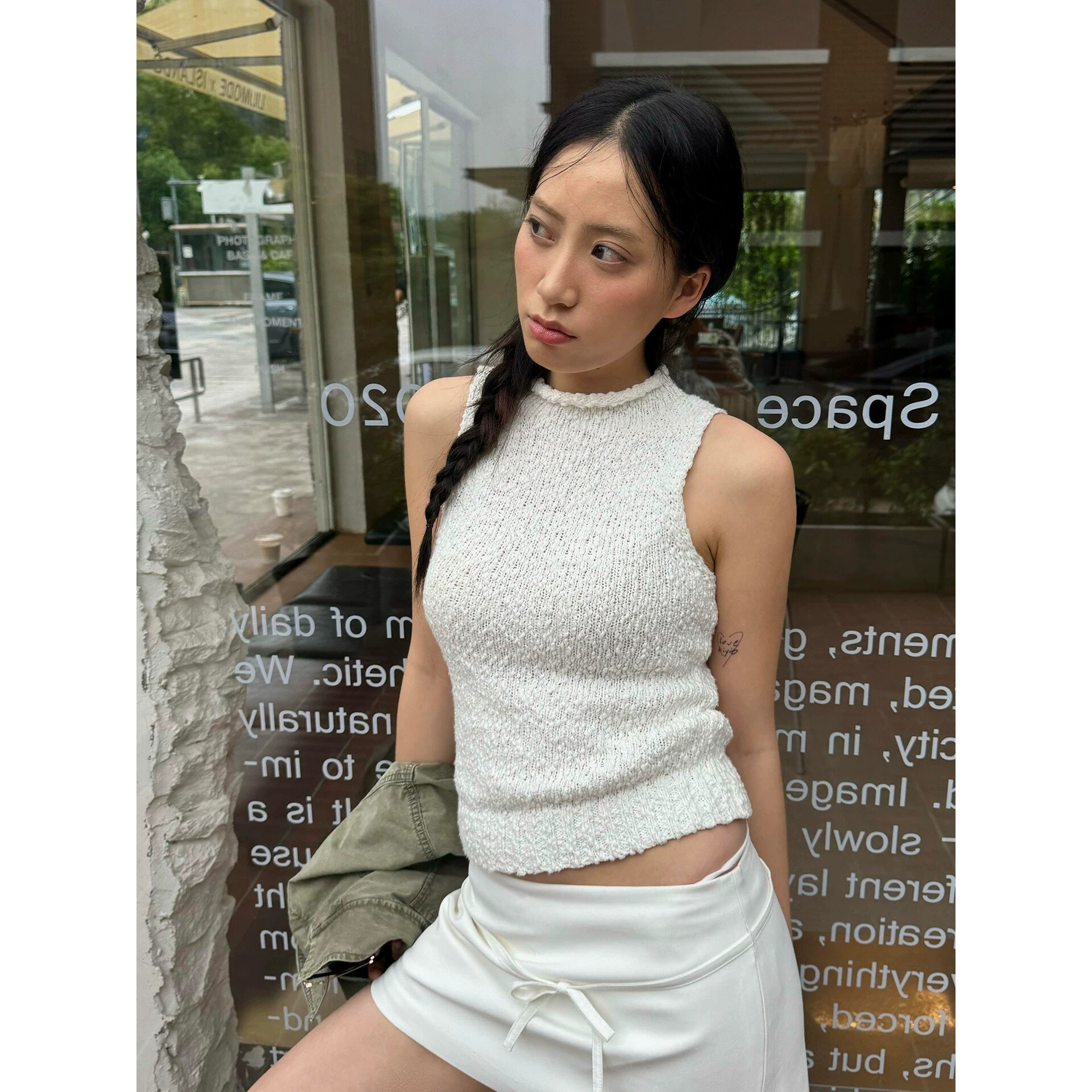 法式简约莱赛尔慵懒半高领卷边无袖针织背心女夏内搭修身短款上衣