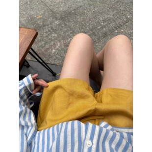 阔腿休闲a字五分裤 高腰小个子薄款 女夏季 复古日系棉麻姜黄色短裤