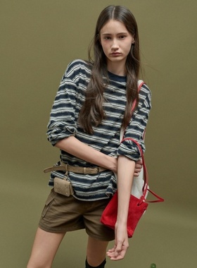 法式撞色圆领条纹T恤女秋冬季宽松小众简约百搭新款复古长袖上衣