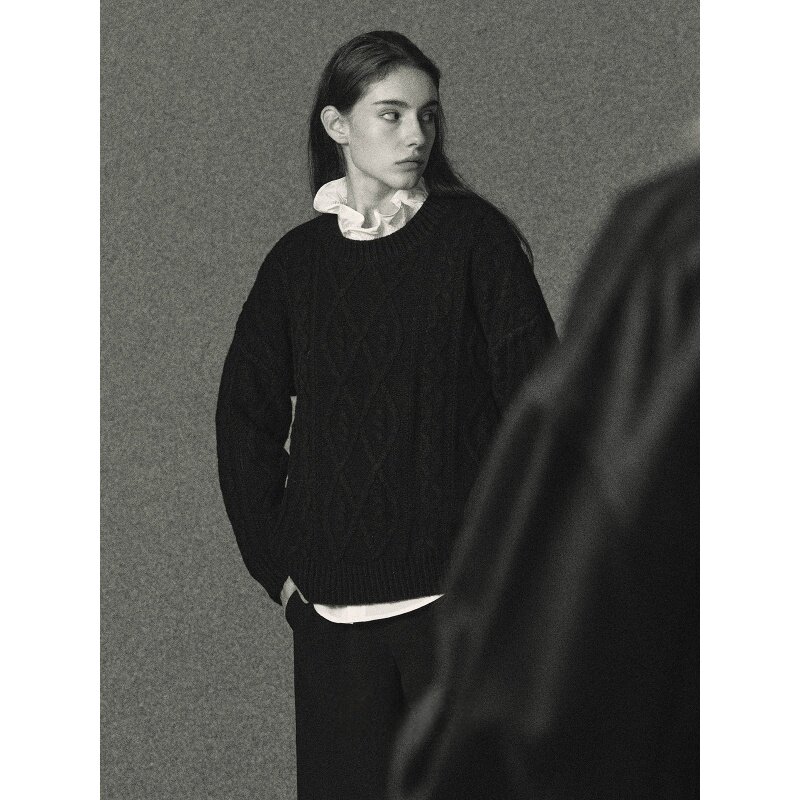 日系复古黑色粗针麻花套头毛衣女秋冬季加厚宽松美式慵懒针织上衣