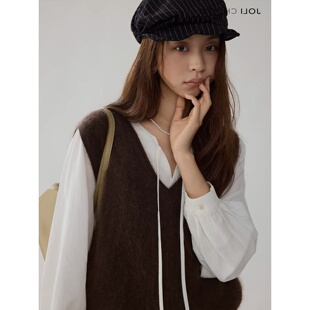 复古软糯v领深咖色针织衫马甲女春秋季新款叠穿短款坎肩背心上衣