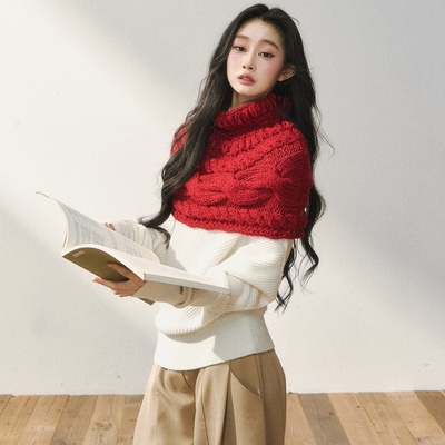 复古红色麻花加厚粗线针织围脖
