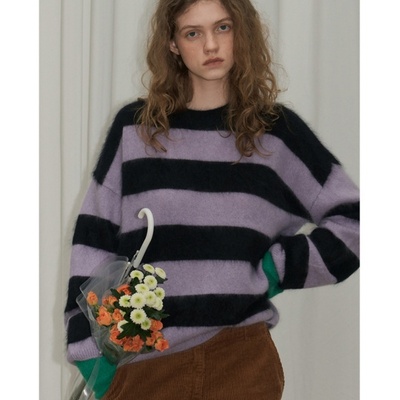 紫色条纹圆领加厚套头毛衣