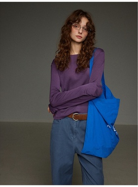 美式紫色长袖薄款打底针织t恤女新款秋修身显瘦法式独特漂亮上衣