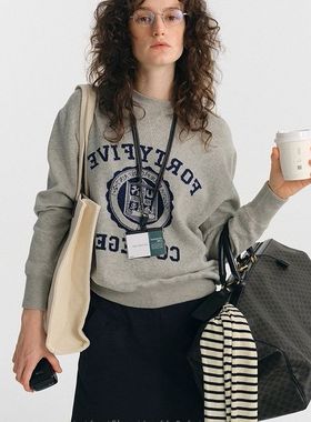 美式复古字母提花宽松休闲圆领套头棉质针织卫衣毛衣女装2025秋季