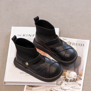 真皮女童靴子黑色袜靴秋冬款2025新款儿童公主短靴女宝小皮鞋长筒