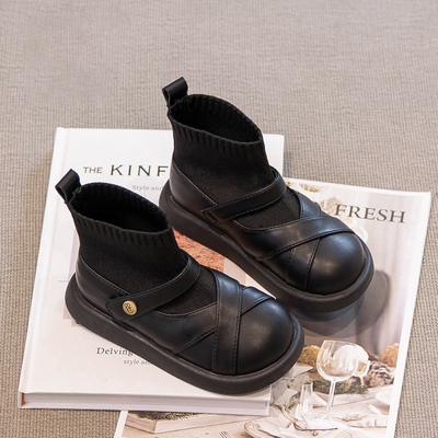 真皮女童靴子黑色袜靴