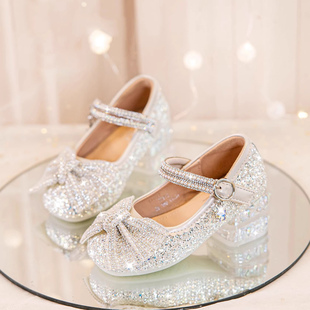 女童高跟鞋 水晶单鞋 2025夏季 女孩配礼服舞台鞋 新款 真皮儿童公主鞋