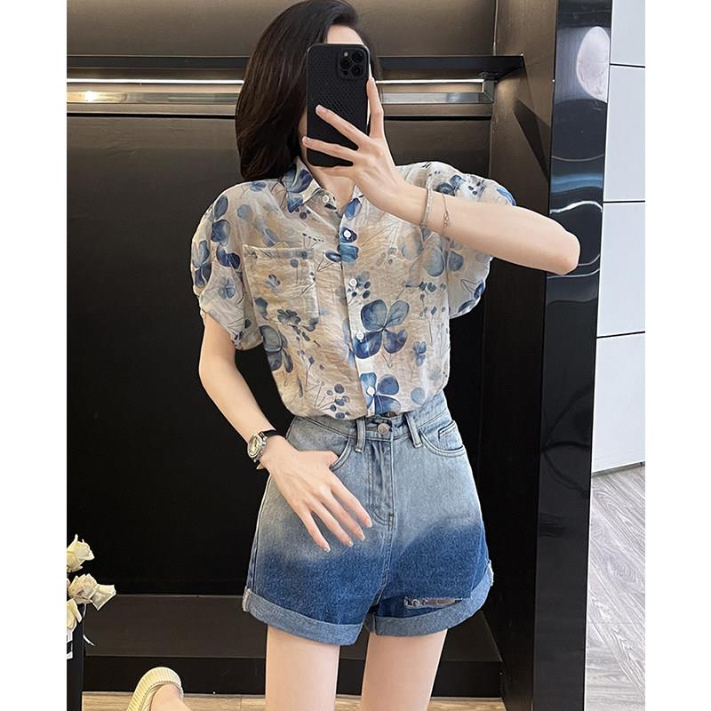 欧洲站休闲运动套装女2025新款夏季显瘦碎花设计感衬衫短裤两件套