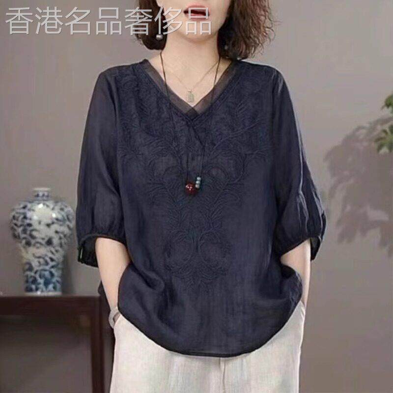 高端刺绣覆古半袖衬衫女2025年夏季新款V领宽松薄款大码小衫上衣