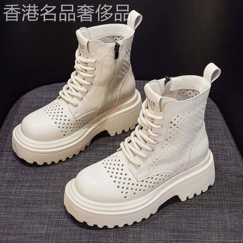 真皮切割女靴英伦风格2025新春夏薄透气厚底内增高短靴