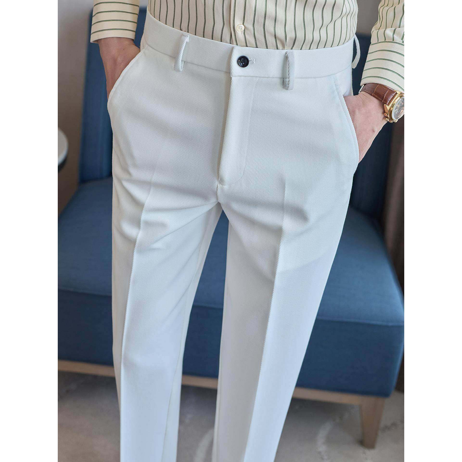 潮流痞帅白色西裤男士修身商务休闲小脚裤秋冬季高级感百搭西装裤