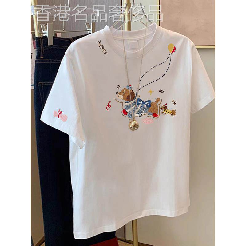 2025新款夏季白色短袖女士t恤，宽松，百搭，时尚，减龄，卡通印