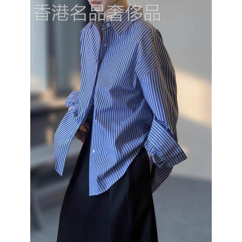 韩式蓝色格纹长袖女式早秋新款宽松修身工作服百搭休闲慵懒风格衬