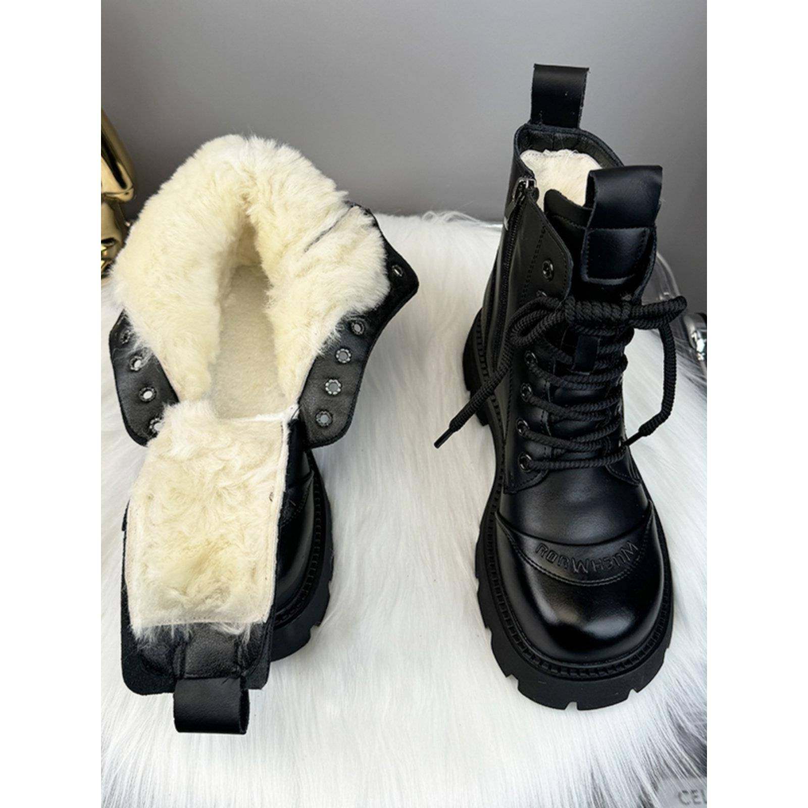 潮牌真皮羊毛雪地靴女冬季皮毛一体马丁靴加绒加厚保暖东北大棉鞋