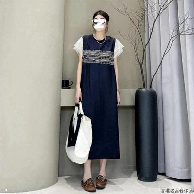 香港欧货拼接短袖连衣裙女2025夏季大码胖MM宽松休闲开叉直筒裙子
