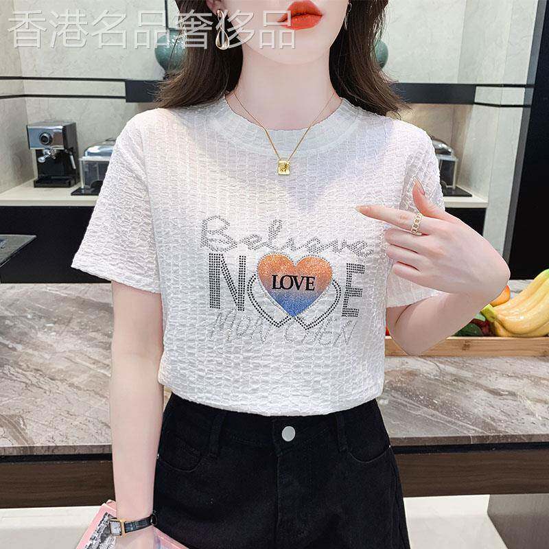 烫钻印花短袖T恤女2026夏季新款设计感小众女士圆领半袖小衫上衣