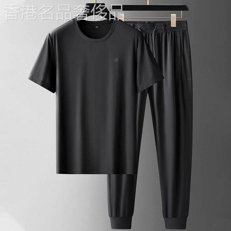 高端品牌可外穿家居服男款夏季夏天冰丝短袖长裤休闲薄款睡衣裤套