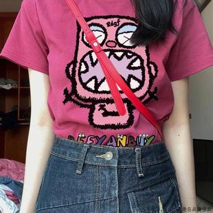 正肩上衣 韩系树莓色短袖 t恤女夏季 2025减龄漂亮洋派纯棉小衫 修身