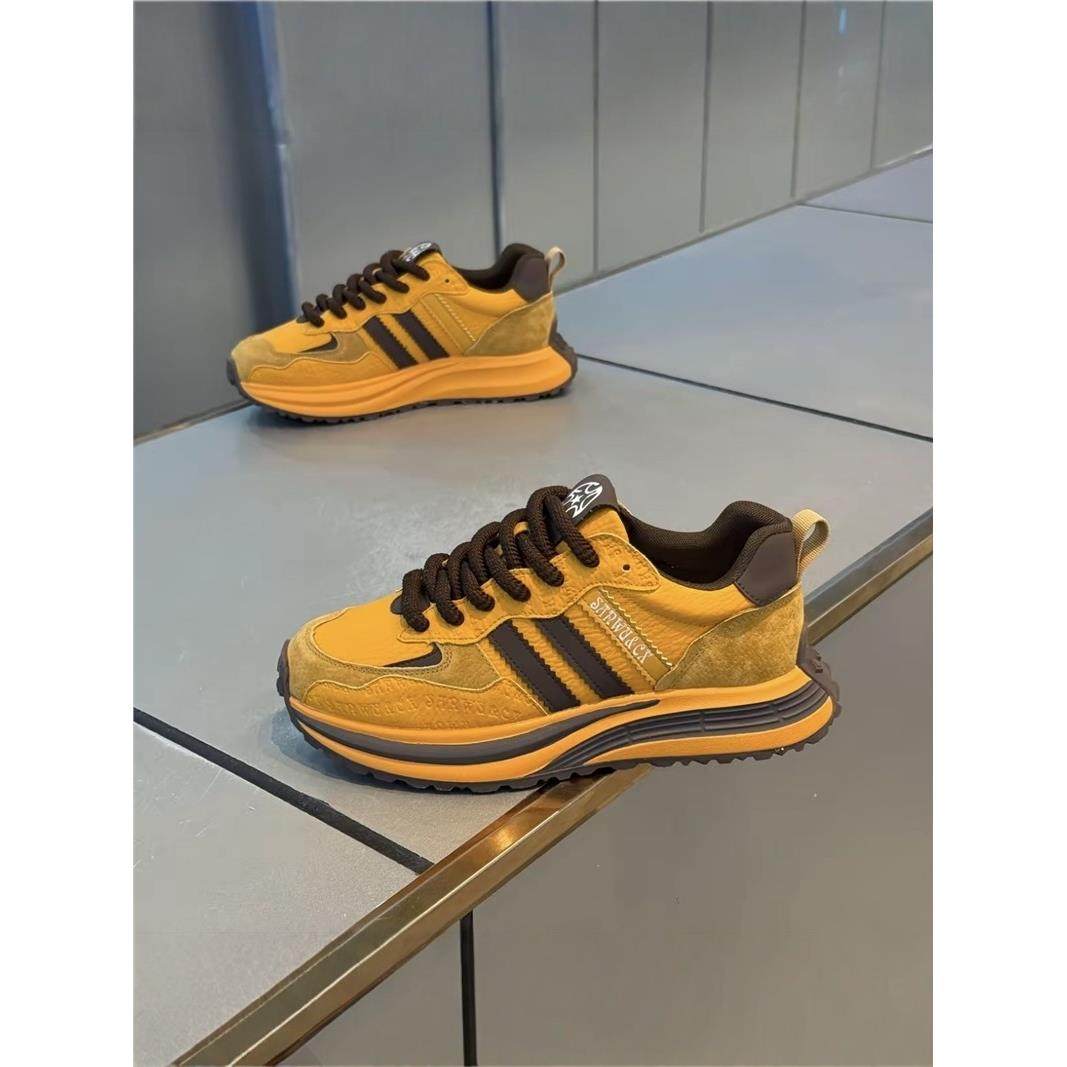 男鞋秋季2025新款真皮运动三道杠阿甘鞋厚底舒适休闲鞋百搭老爹鞋