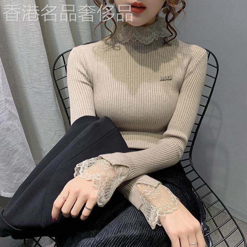 【品牌】针织打底衫女秋冬2025新款加绒高领蕾丝领洋气内搭毛衣