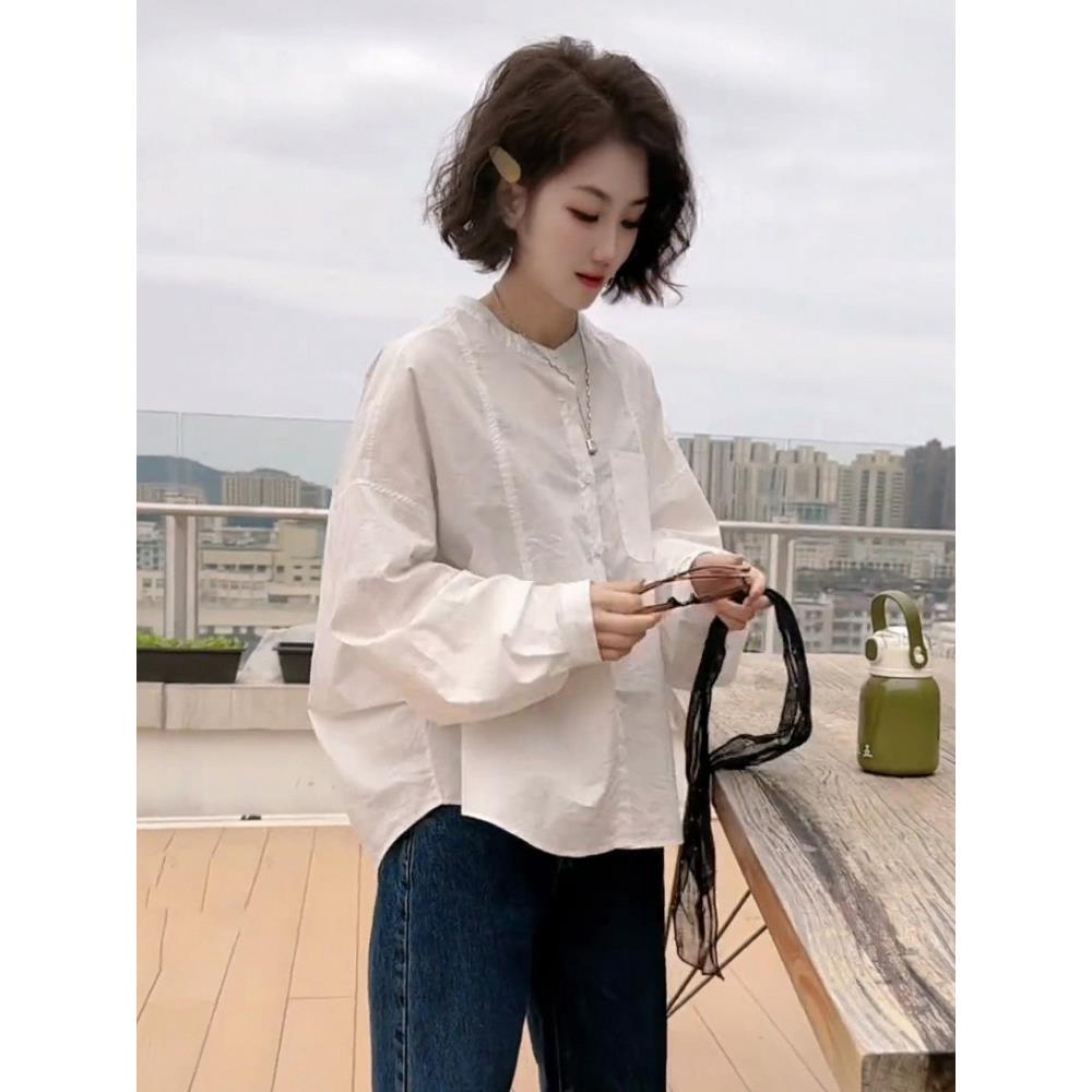 潮牌韩版圆领落肩袖衬衫女2025春秋高级感小众独特超好看棉质衬衣