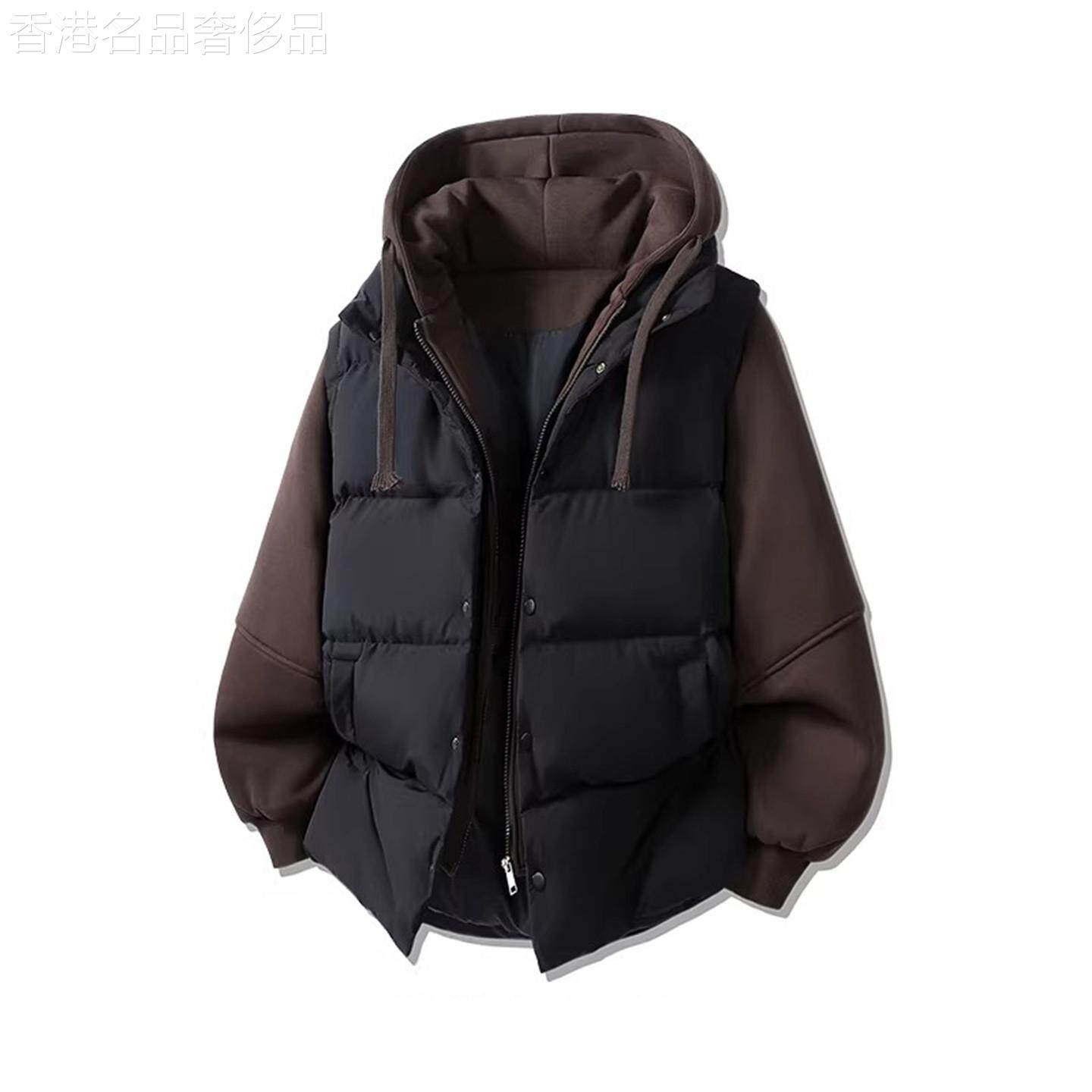 高端撞色假两件棉衣外套男士2025新款冬季连帽保暖加厚棉服男款潮