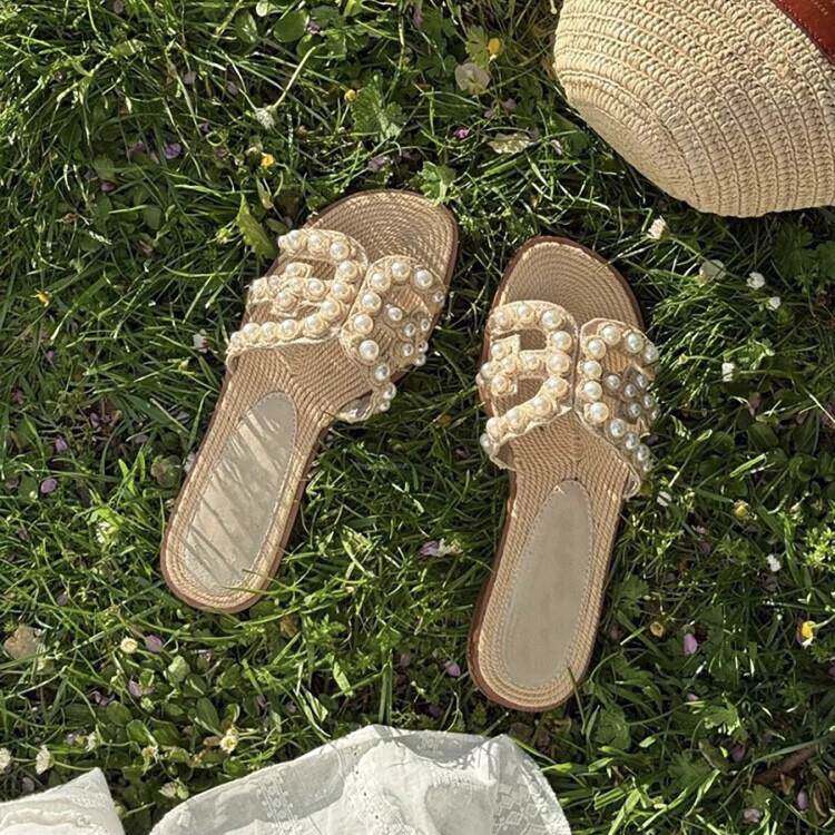 香港真皮明星同款草编一字拖鞋女2025夏季新款百搭懒人沙滩鞋凉鞋