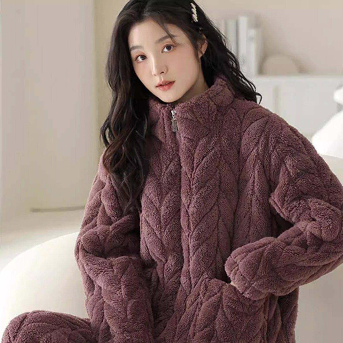 日本冬季睡衣2025年女款三层珊瑚绒夹棉加厚时尚可外穿保暖家居服