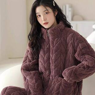 日本冬季睡衣2025年女款三层珊瑚绒夹棉加厚时尚可外穿保暖家居服