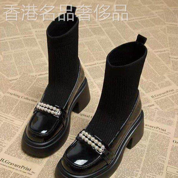 女式高跟厚底靴2025春季和秋季新珍珠小弹性短袜靴厚跟修身靴