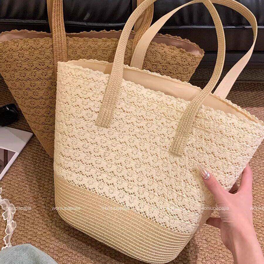 日本草包编织包女2025新款海边度假沙滩包大容量草编单肩水桶包