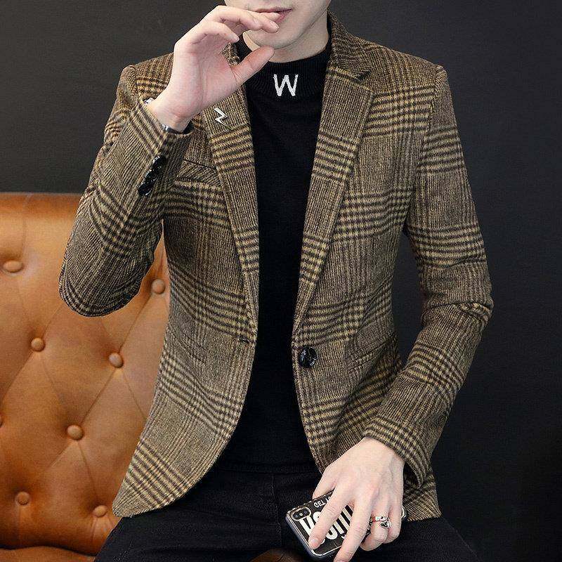 英伦休闲格子西装男春季韩版修身潮流毛呢外套商务短款男士小西服