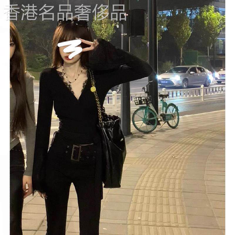 黑色性感V领蕾丝针织长袖T恤女秋冬修身辣妹短款内搭上衣打底掐腰