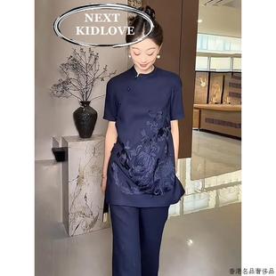 立领斜襟重工刺绣苎麻上衣女夏直筒长裤 香港国风覆古新中式 两件套