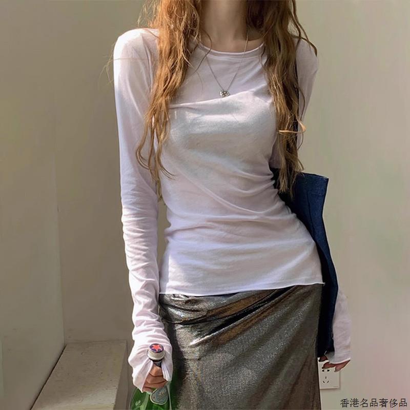 2025春夏新款白色长袖t恤女性感微透防晒罩衫小心机纯欲薄款上衣